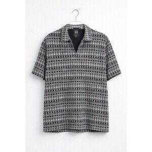 H&M Men’s Textured Knit Polo Shirt Black White Johnny Collar Size L